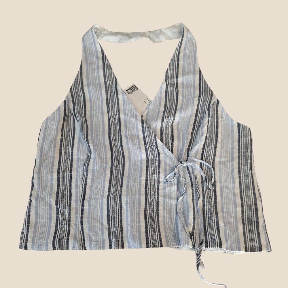 H&M Womens Linen Blend Halter Top Size Large Blue Striped Tie Front Crop Tank